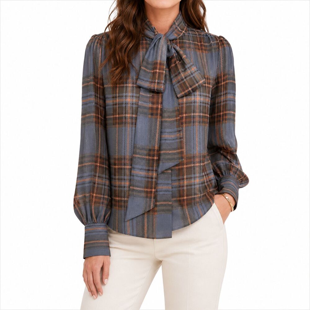 Lauren Ralph Lauren Black Label Womens XXS Plaid Tie Neck Blouse Puff Sleeve